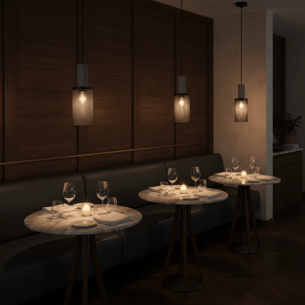 Stylish pendant lights illuminate elegant dining tables in a modern restaurant setting.