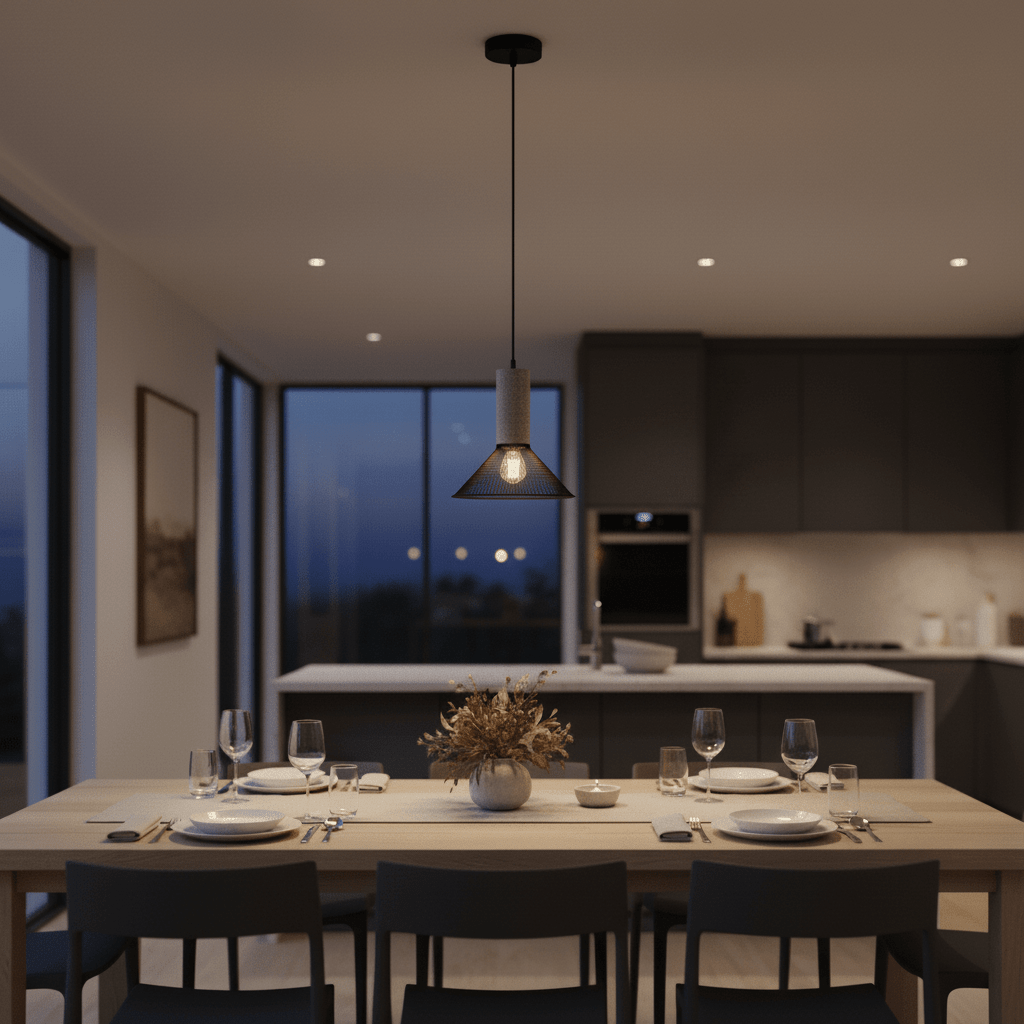 Midnight Cone Mesh & Stone Pendant Light hanging above a dining table set for dinner, creating a warm ambiance.