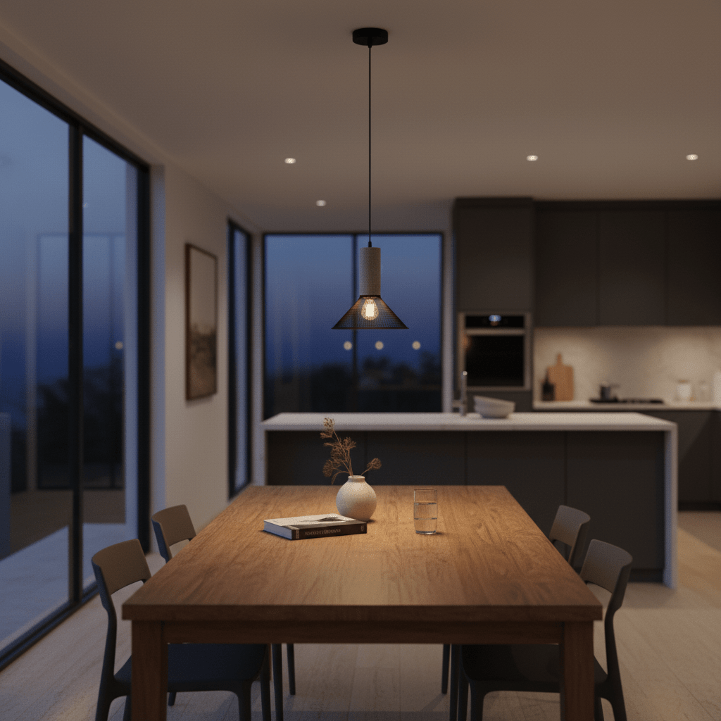 Midnight Cone Mesh & Stone Pendant Light hanging above a wooden dining table in a modern kitchen setting.