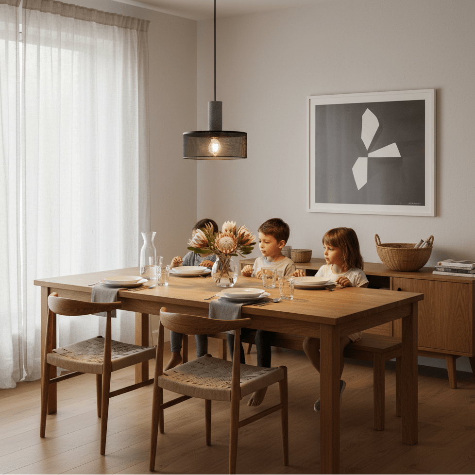 Industrial-style pendant light hanging over a wooden dining table with children enjoying a meal.