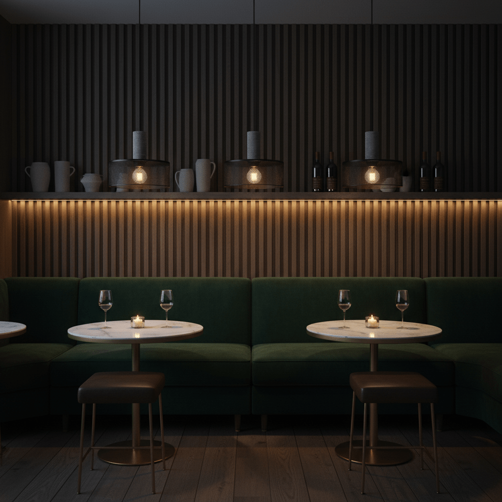 Industrial-style pendant lights illuminate a cozy dining area with green seating and marble tables.