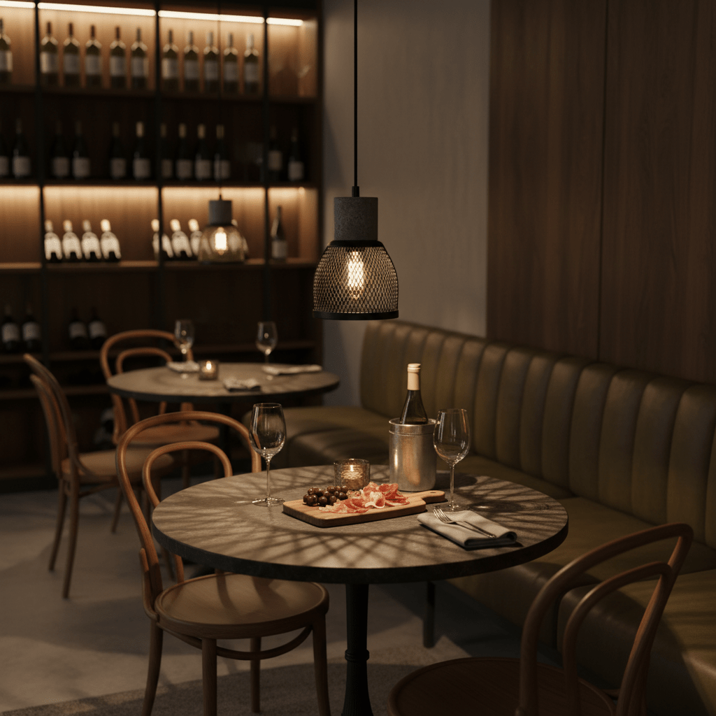 Stylish pendant light casting shadows over a dining table with wine and charcuterie in a cozy restaurant setting.