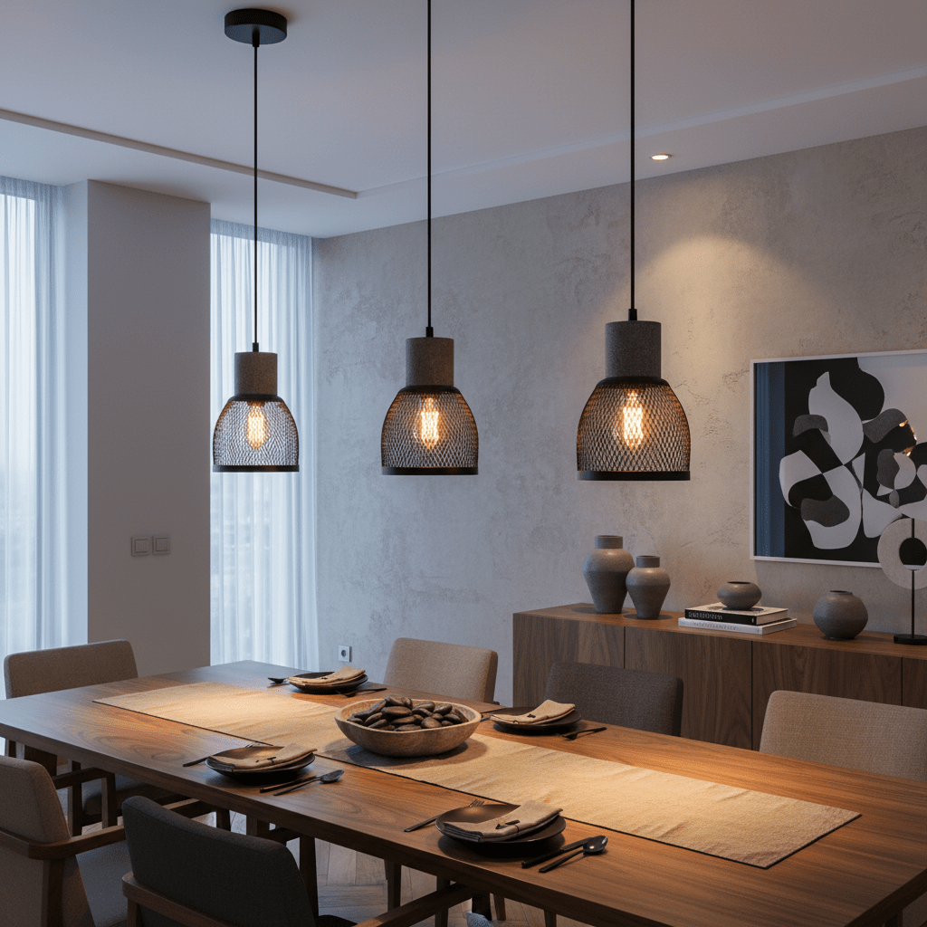 Three pendant lights with mesh domes hang over a wooden dining table set with plates and a decorative bowl.
