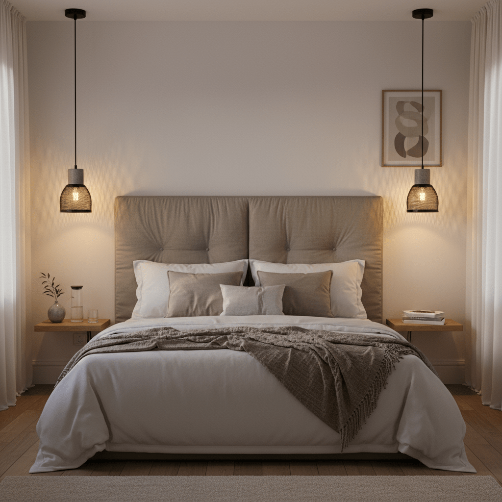 Stylish bedroom featuring two pendant lights above a bed with neutral bedding and decorative pillows.