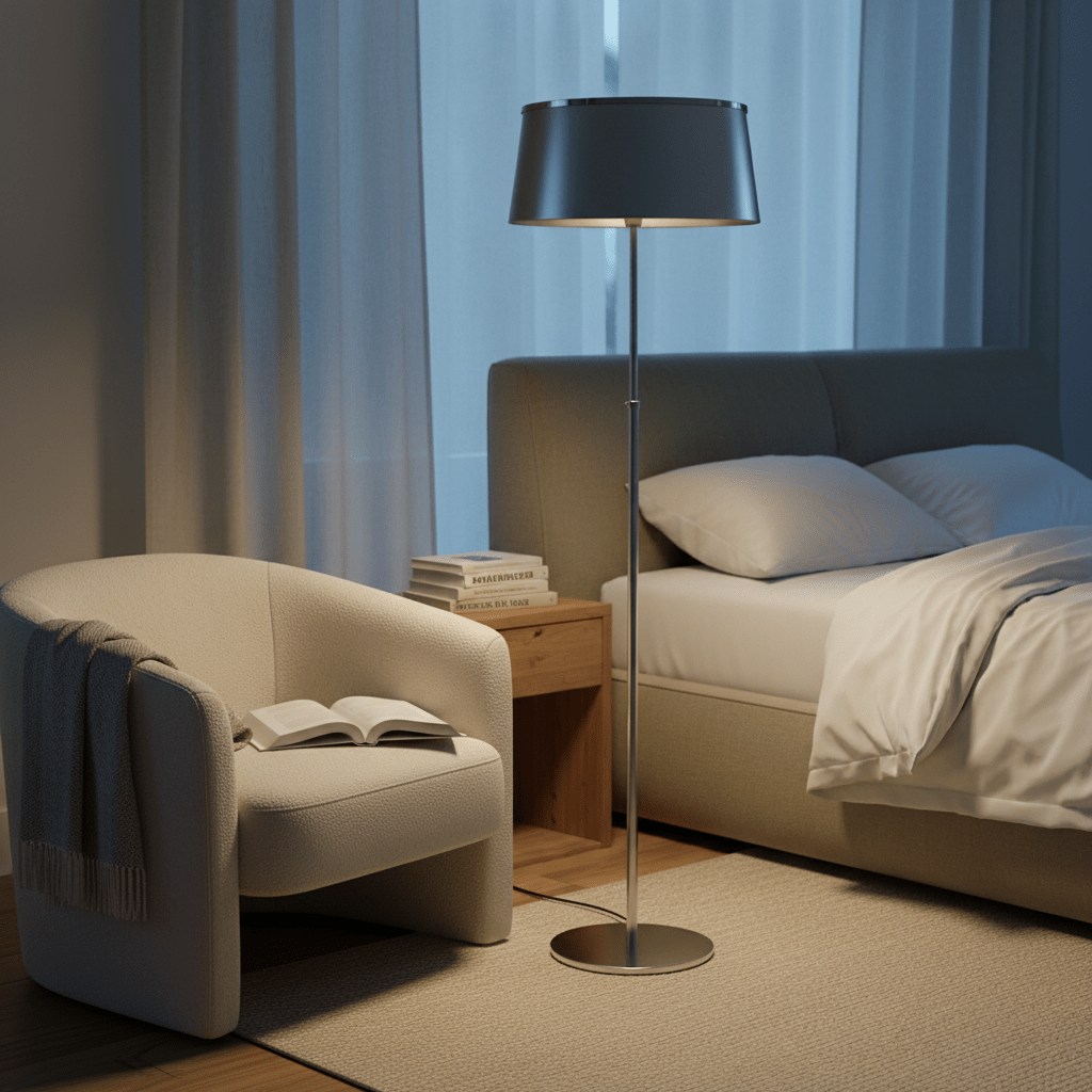 Satin chrome floor lamp with silver shade standing beside a bed and armchair in a softly lit bedroom