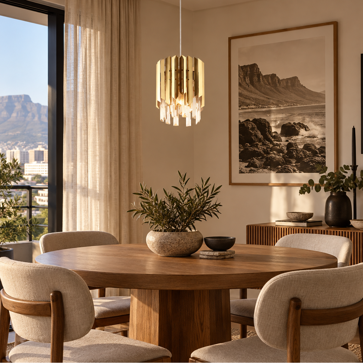 Krypt Gold pendant above an apartment dining table
