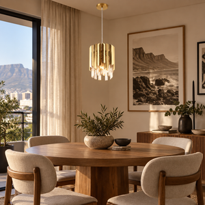 Krypt Gold pendant above an apartment dining table