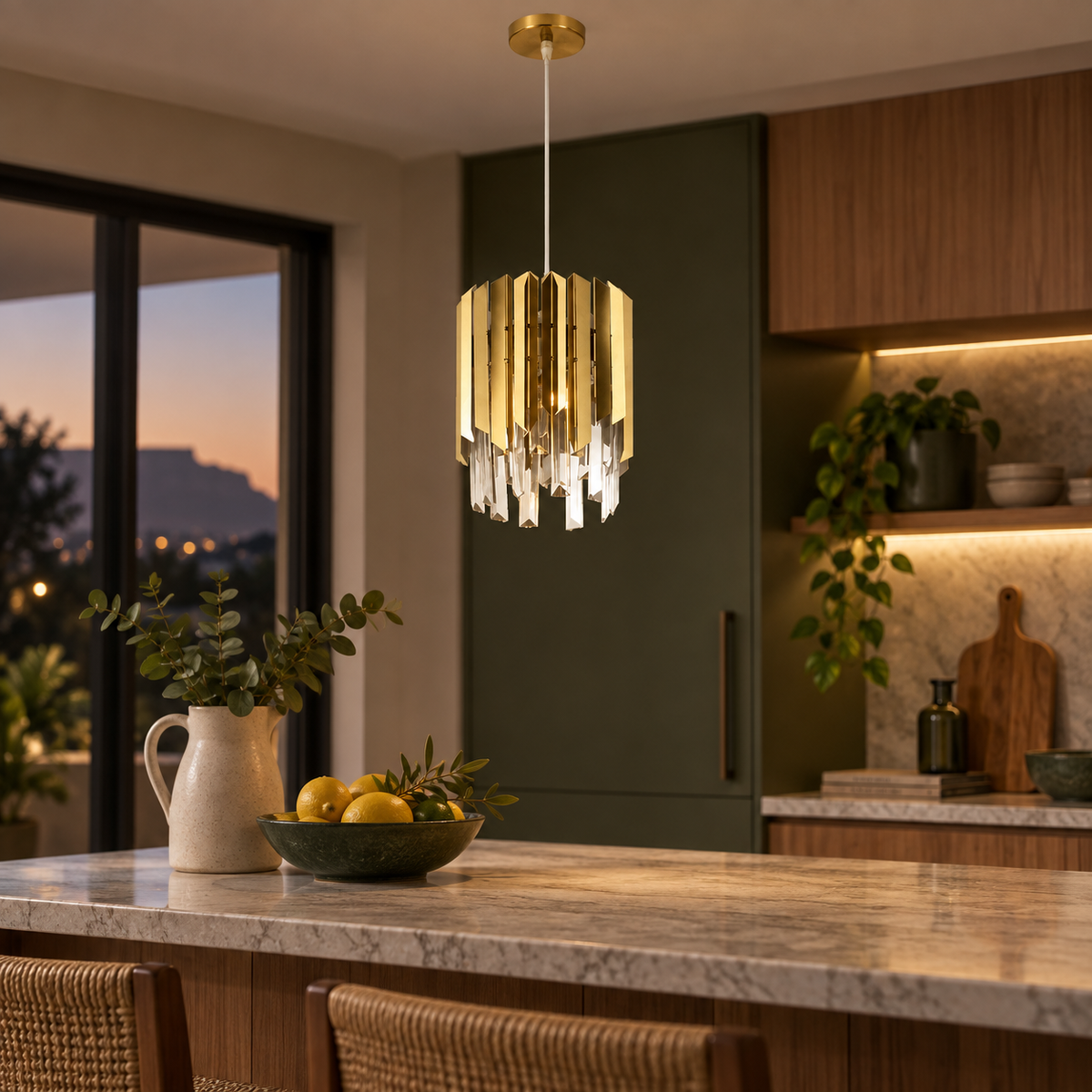 Krypt Gold pendant above a kitchen island at dusk