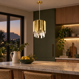 Krypt Gold pendant above a kitchen island at dusk