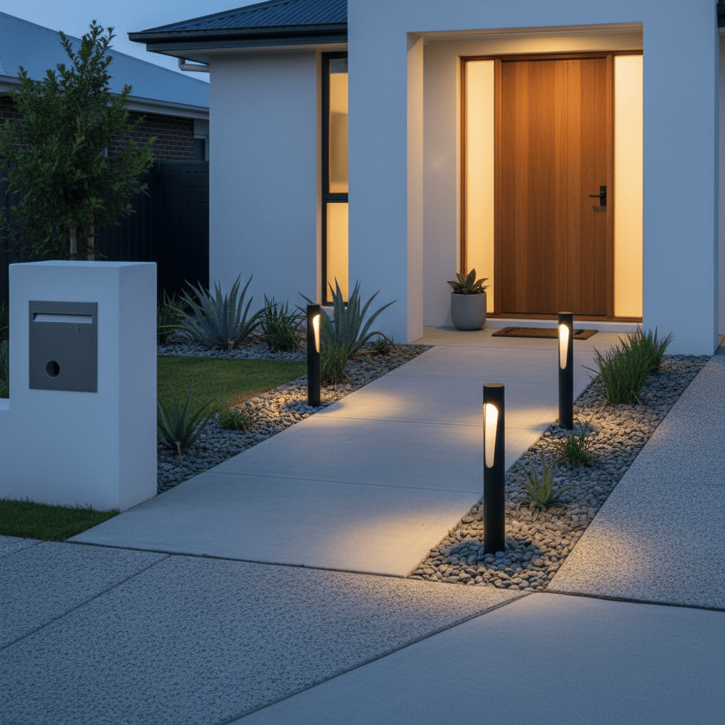 Cato LED bollard lights illuminating a modern pathway leading to a front door, surrounded by decorative stones and plants.