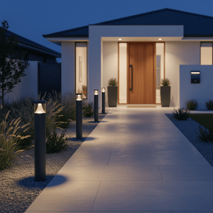 Cedarville LED bollard lights illuminating a modern pathway leading to a home entrance at dusk.