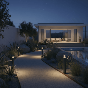 Cedarville LED bollard lights illuminating a winding pathway in a modern outdoor setting at night.
