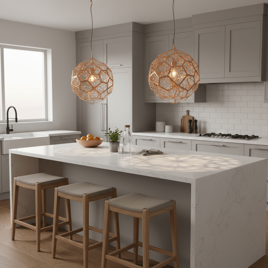 Two Alberta Geo Copper Pendant Lights hanging above a modern kitchen island with a marble countertop and wooden stools.