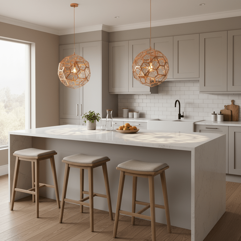 Two Alberta Geo Copper Pendant Lights hang above a modern kitchen island with wooden stools and a fruit bowl.