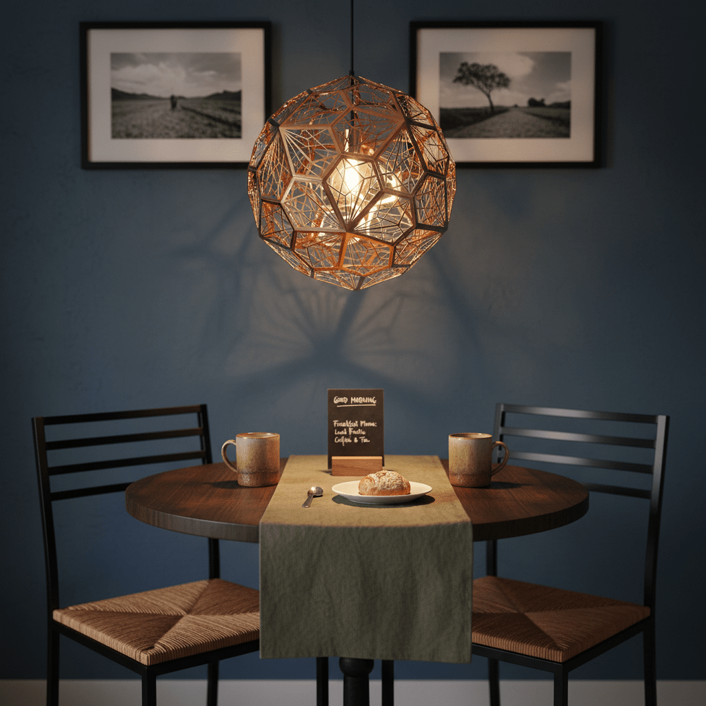 Alberta Geo Copper Pendant Light hanging above a small dining table set for breakfast.