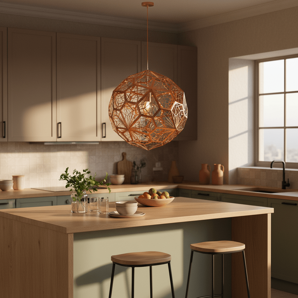 Geometric copper pendant light hanging over a kitchen island with wooden countertop and fruit bowl.