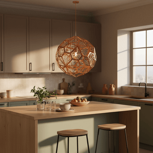Geometric copper pendant light hanging over a kitchen island with wooden countertop and fruit bowl.