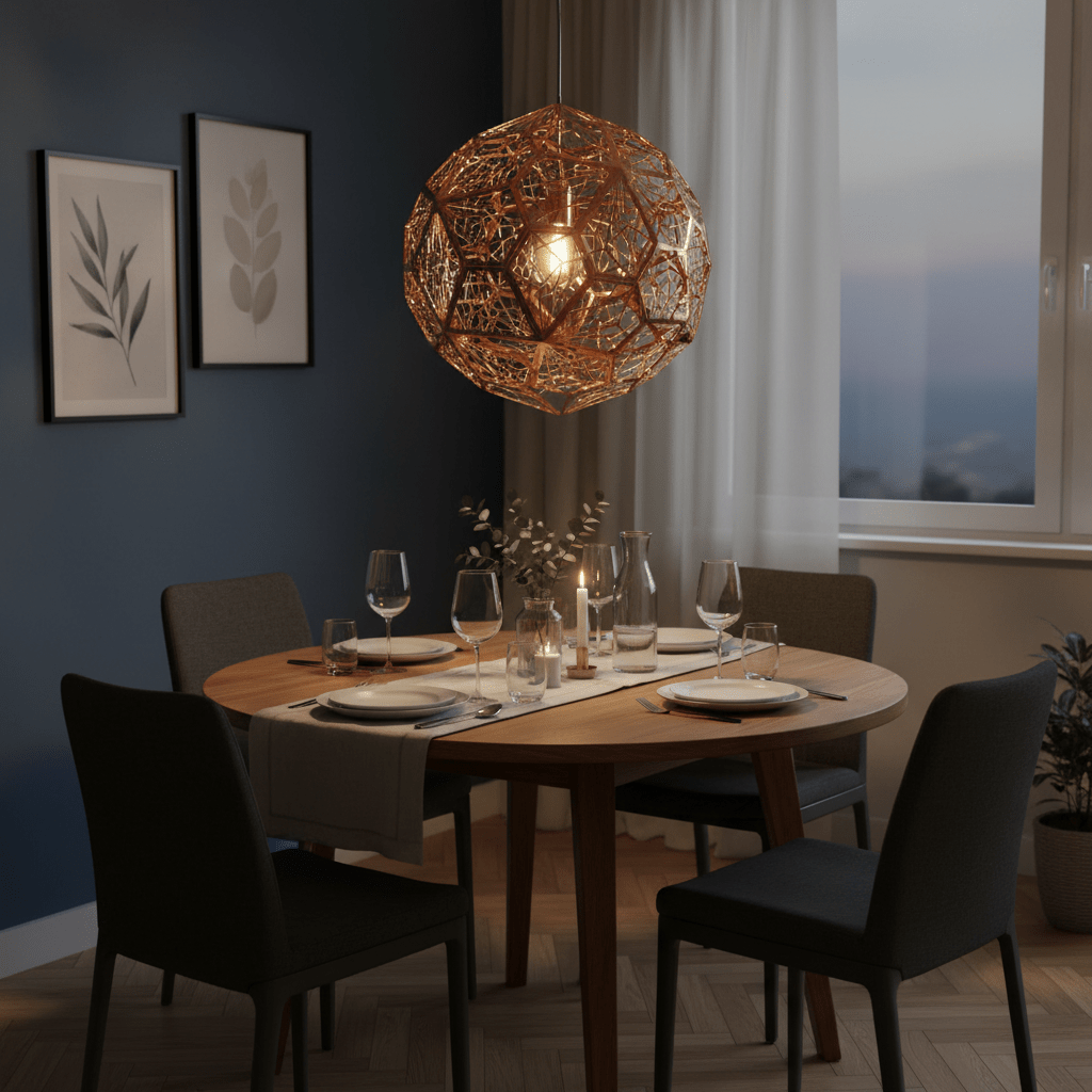 Geometric copper pendant light hanging above a round dining table set for dinner.