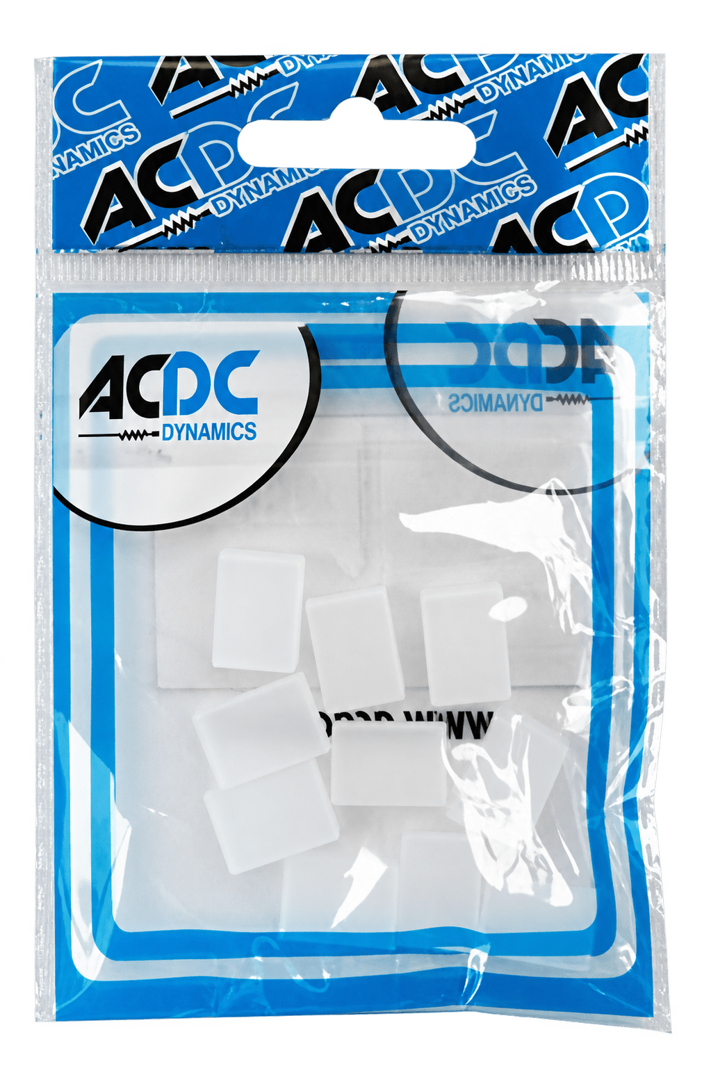 ACDC Dynamics LED 12V neon flex strip end caps in the original clear branded packet, on a transparent background.