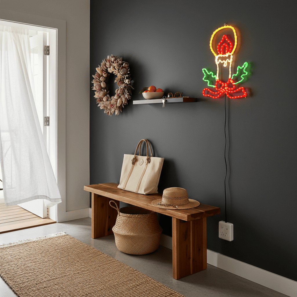 LED Christmas lights in candle motif illuminating a cozy entryway with a wooden bench and decorative wreath.
