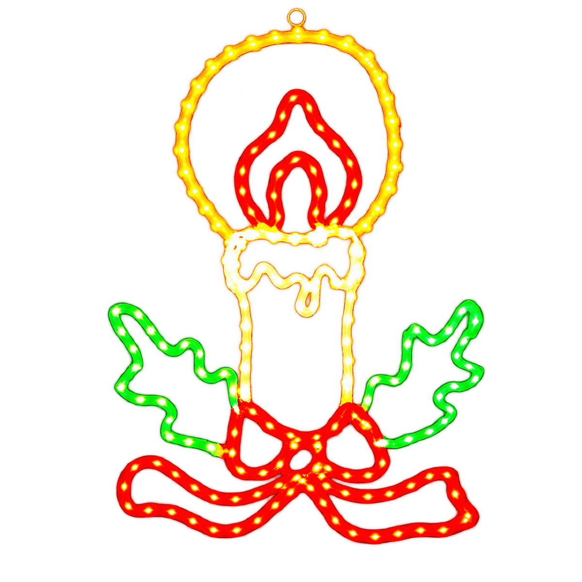 Transparent background LED Christmas candle motif with green holly and red ribbon.