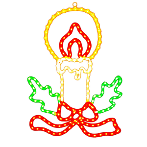 Transparent background LED Christmas candle motif with green holly and red ribbon.