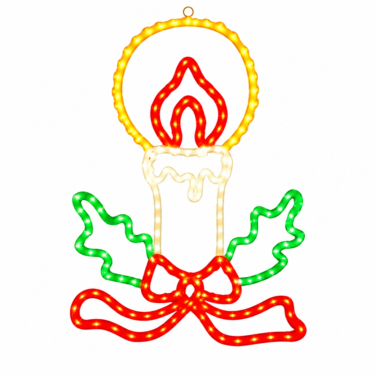LED Christmas candle motif with green holly and red ribbon on a white background.