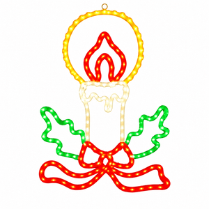 LED Christmas candle motif with green holly and red ribbon on a white background.