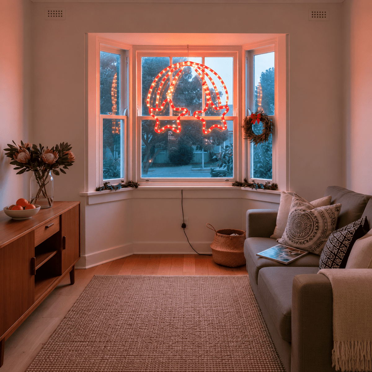 Double-star Christmas motif glowing in a living-room bay window at dusk