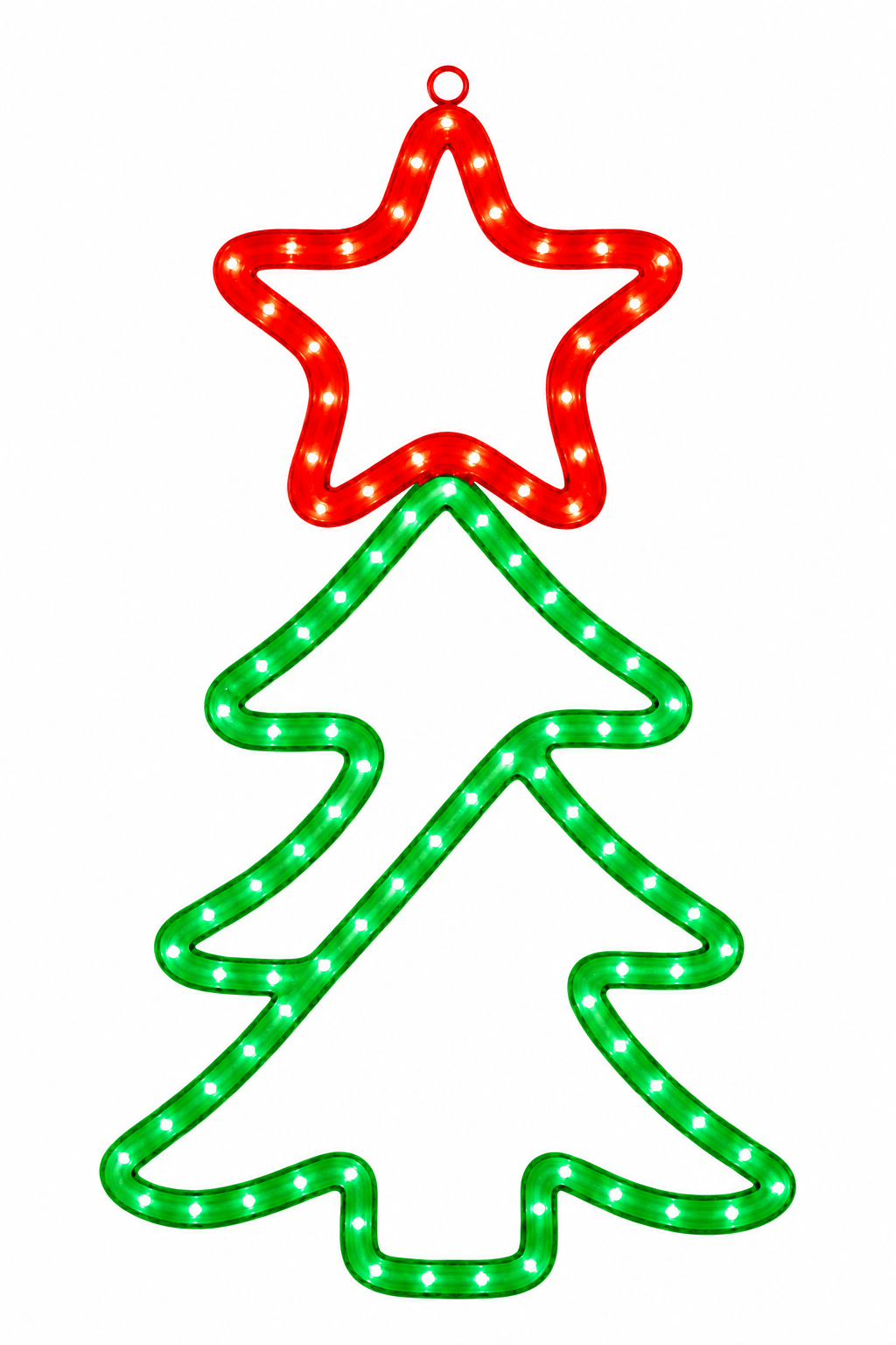 LED Christmas tree with red star motif on a white background.
