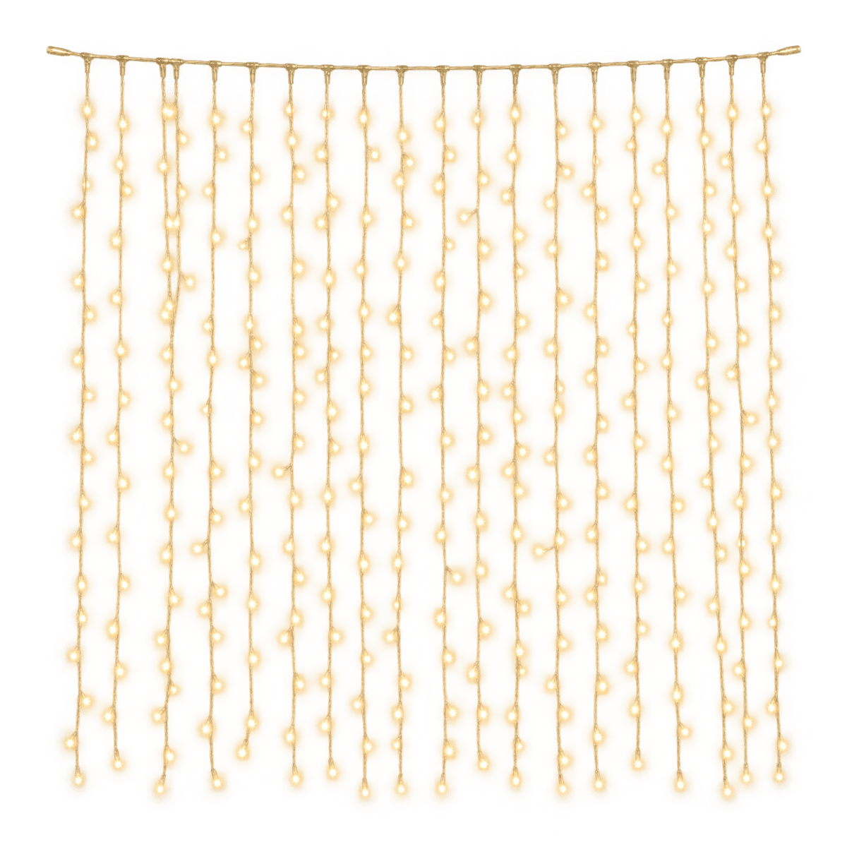 Warm-white LED curtain lights on a transparent background