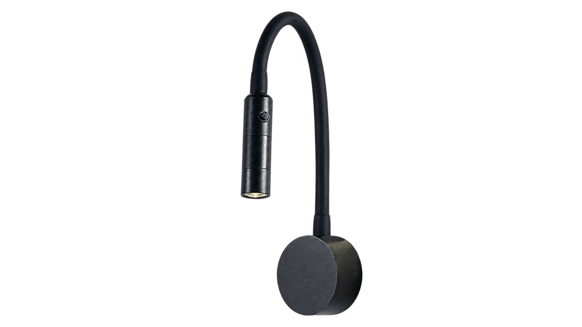 Black LED goose-neck wall reading light on transparent background