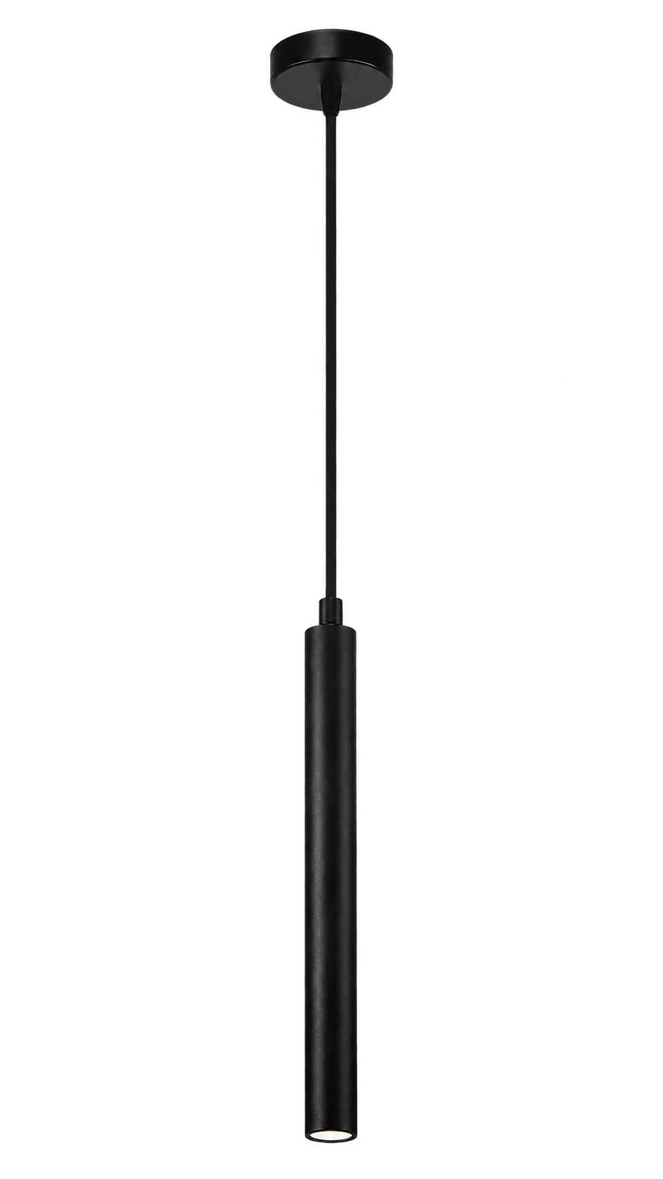 Slim black 3W LED pendant with round canopy on transparent background
