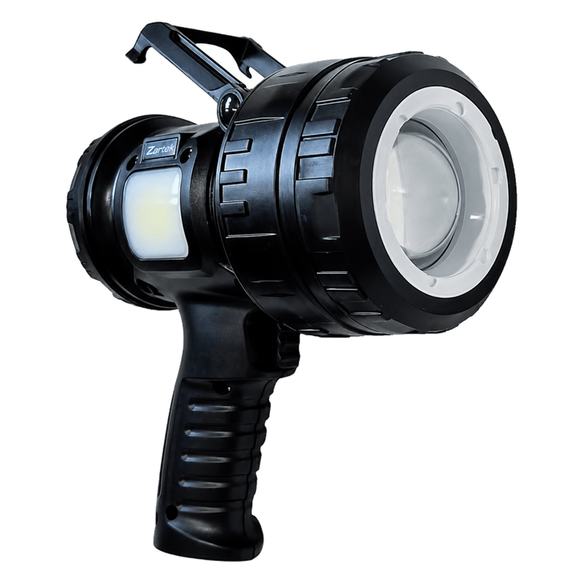 Black rechargeable LED spotlight with carry handle, transparent background.