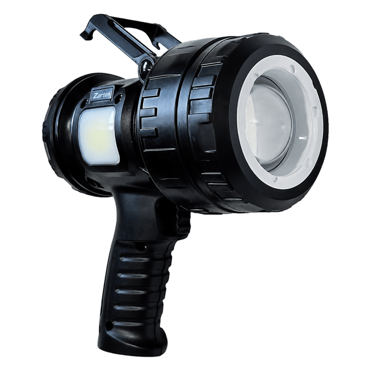 Black rechargeable LED spotlight with carry handle on white background.
