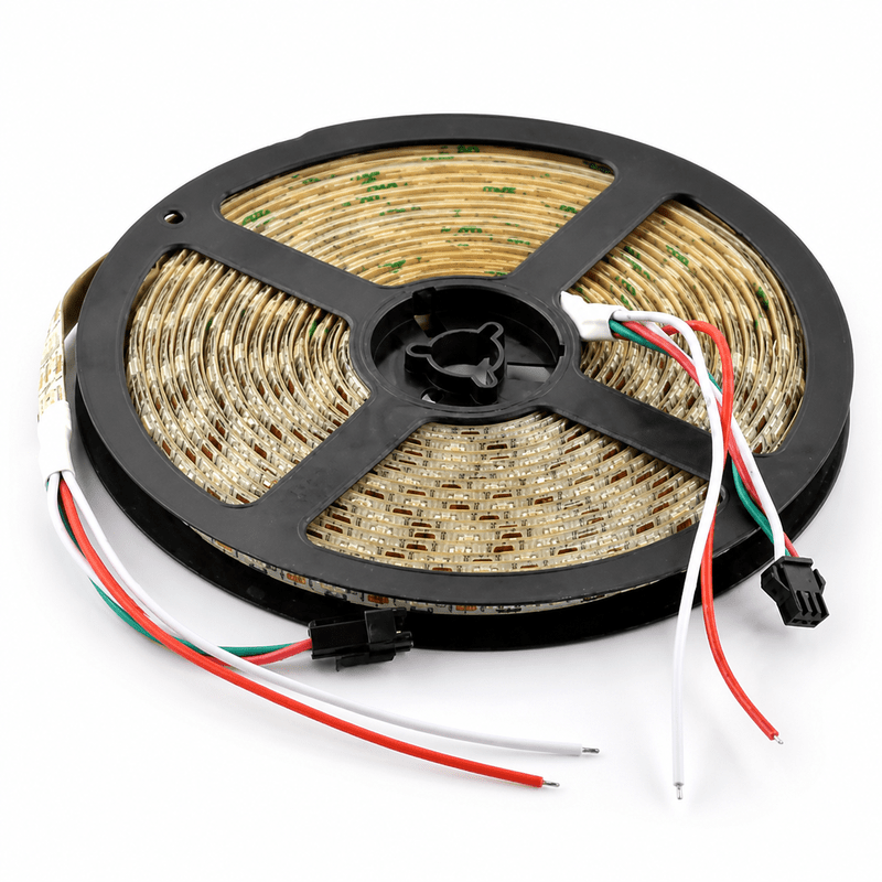 Close-up of a rolled LED smart strip light with exposed wiring and connectors.