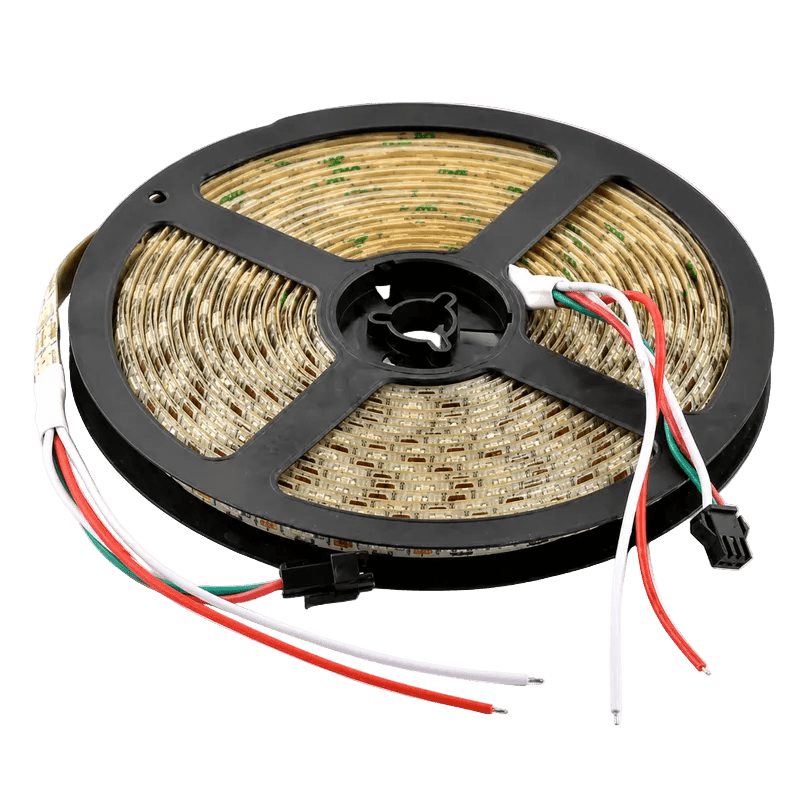LED Smart Strip Light roll with RGB LEDs and connection wires visible on a black background.