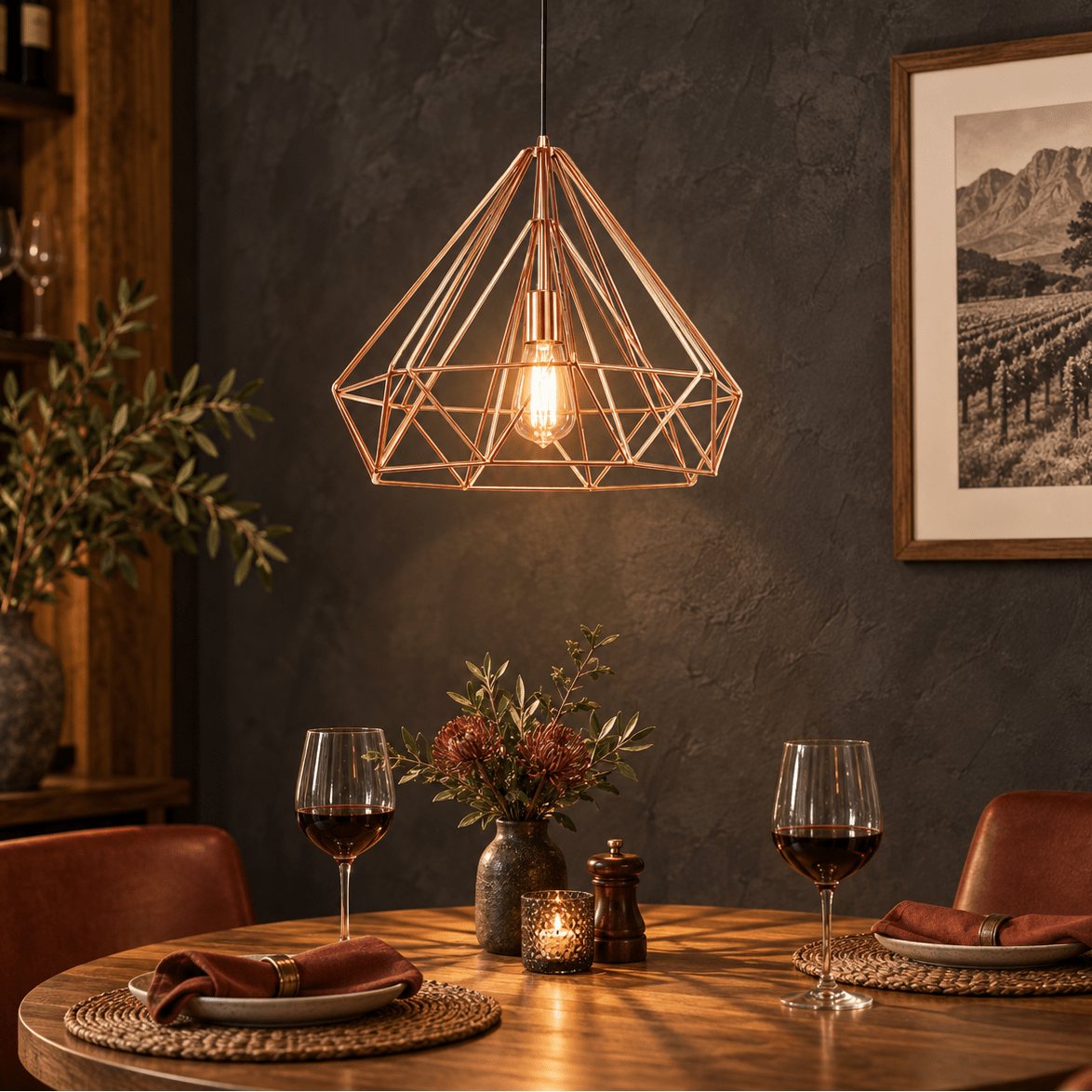 Leonardo Copper Wire Pendant Light above a small bistro table in a guesthouse