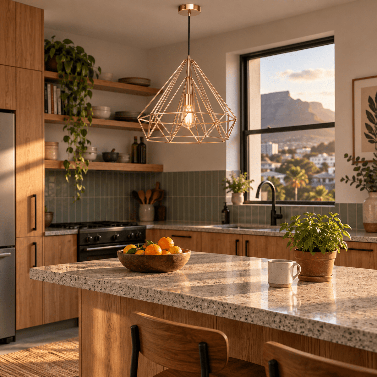 Leonardo Copper Wire Pendant Light over a modern kitchen island