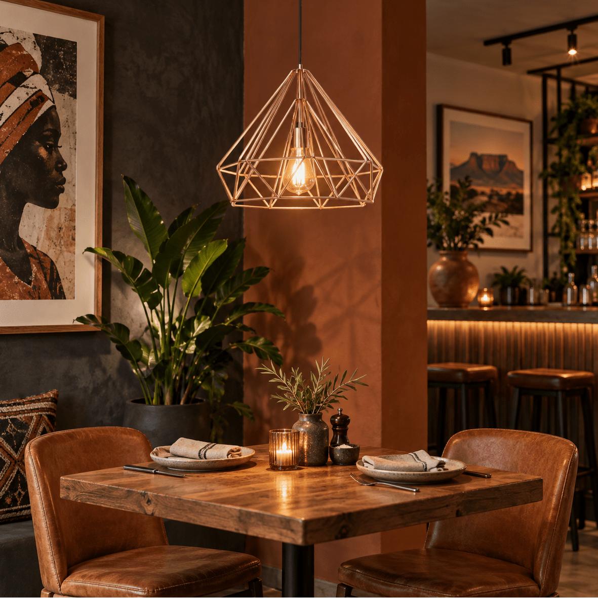 Leonardo Copper Wire Pendant Light above a timber dining table in a warm restaurant