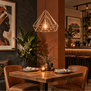 Leonardo Copper Wire Pendant Light above a timber dining table in a warm restaurant