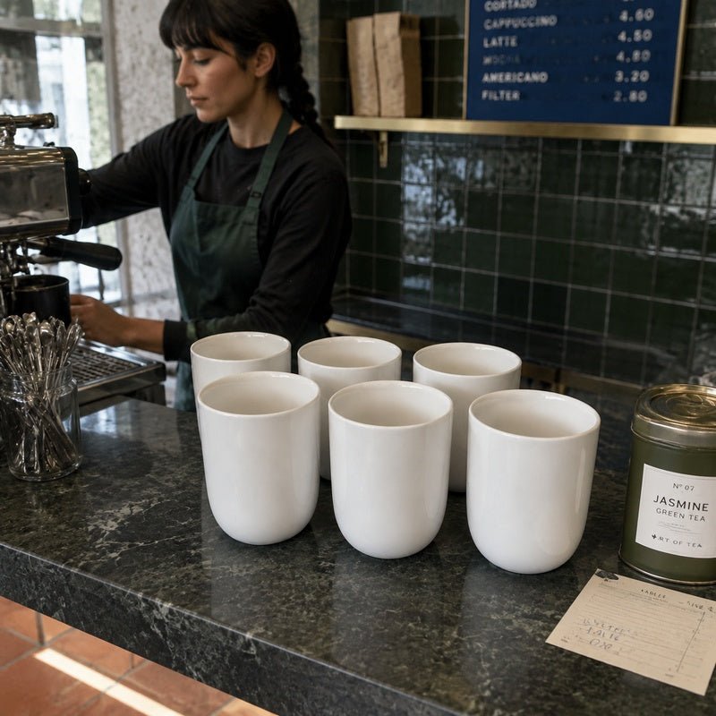 Six plain white handleless ceramic cups on a café service counter