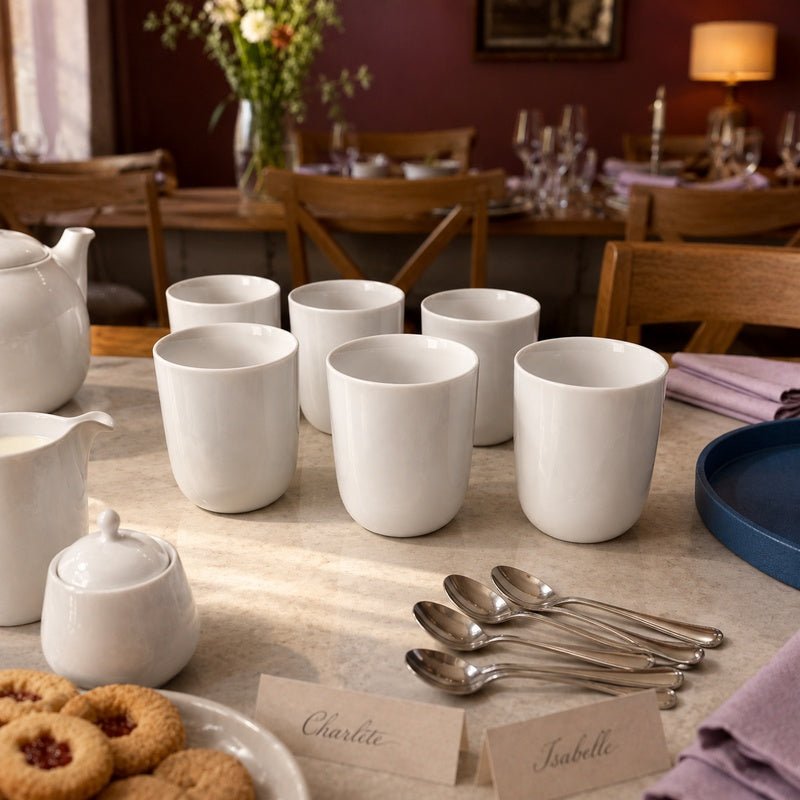 Six plain white handleless ceramic cups set out for an evening gathering