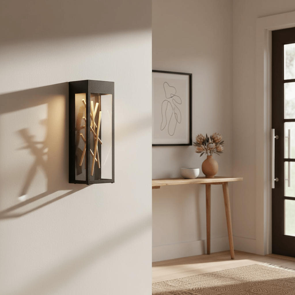 Baton LED Wall Light mounted on a wall, casting warm light and shadows, with a decorative table and door in the background.