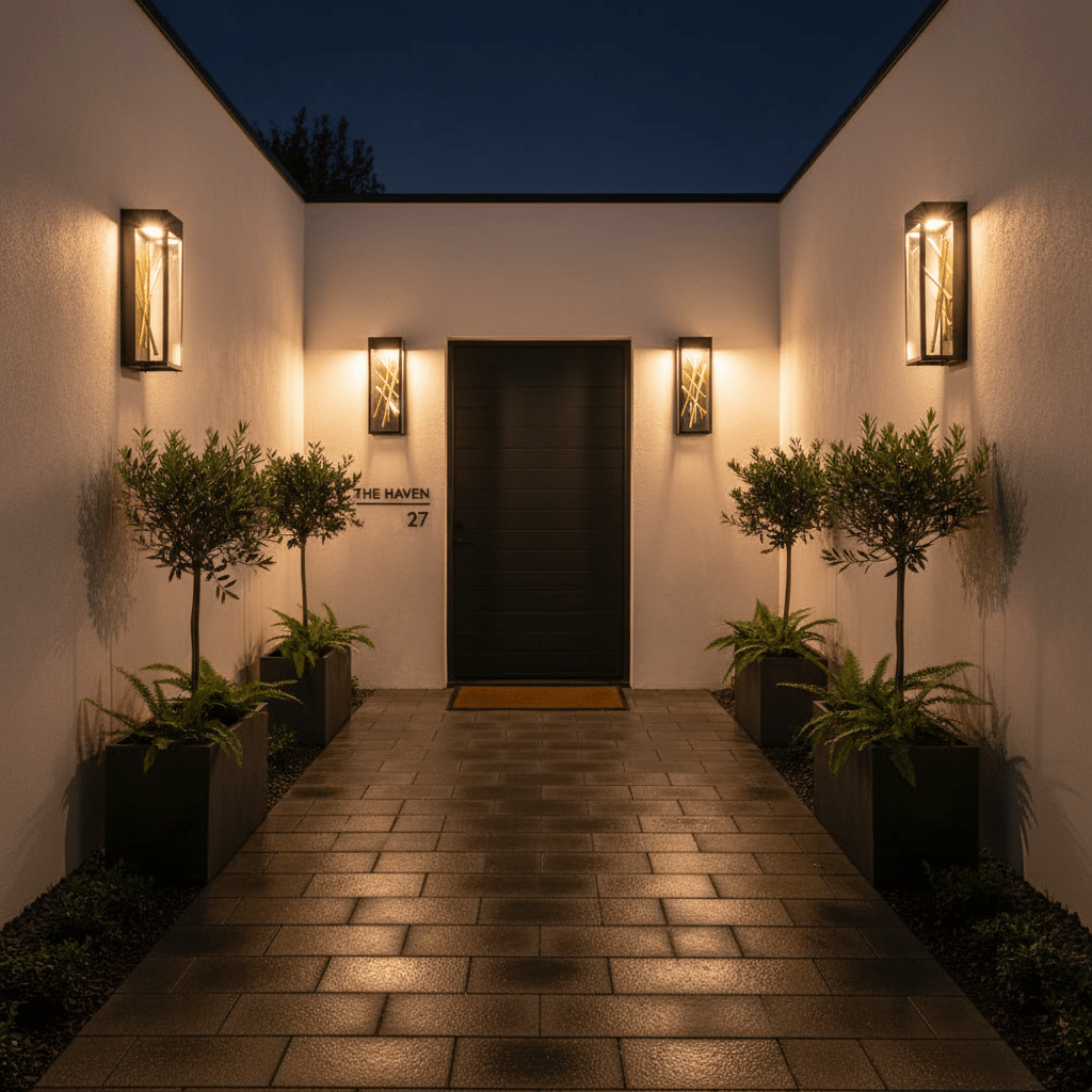Outdoor scene featuring two Baton LED Wall Lights flanking a modern entrance, illuminating a pathway with warm light.