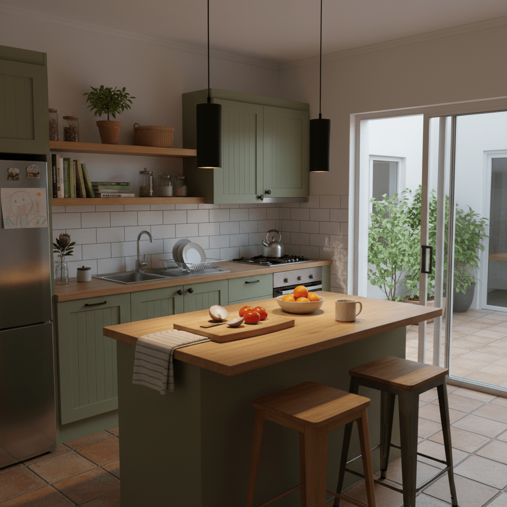 Two Solo Round Aluminium Pendants hang above a kitchen island with a wooden countertop, surrounded by green cabinetry.
