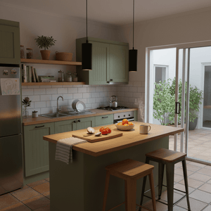 Two Solo Round Aluminium Pendants hang above a kitchen island with a wooden countertop, surrounded by green cabinetry.