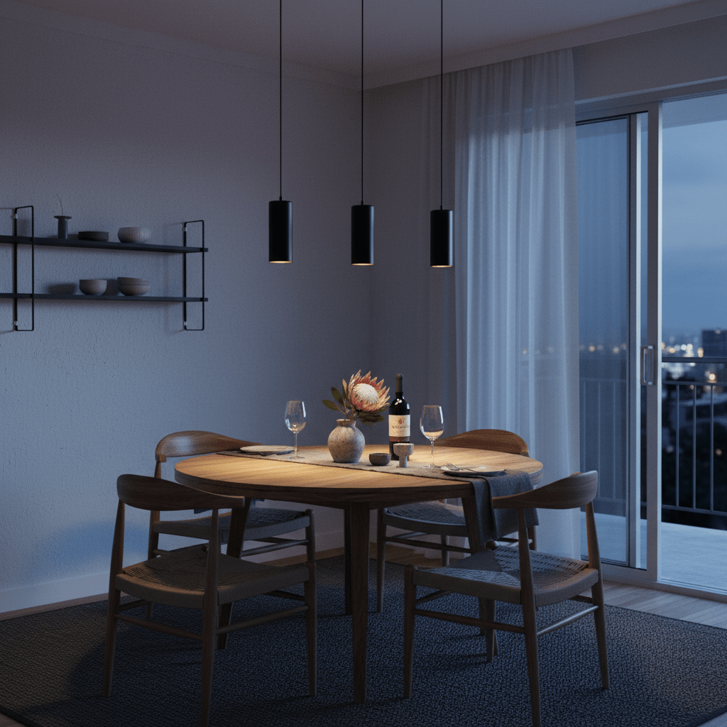 Three Solo Round Aluminium Pendants hang over a wooden dining table, creating a warm ambiance.