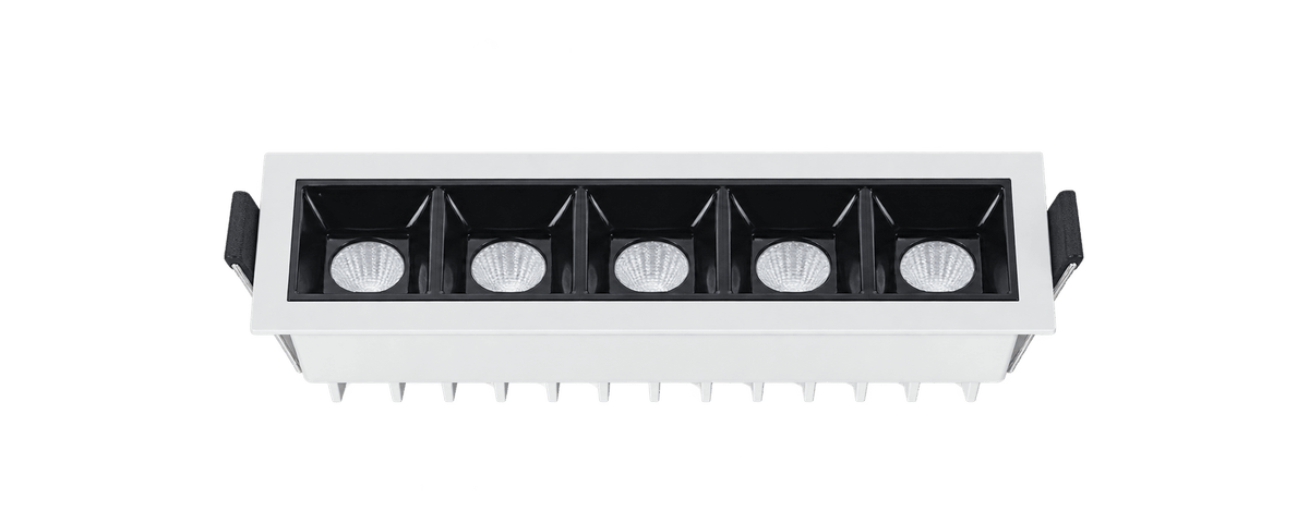Linear recessed LED downlight with five lenses, transparent background
