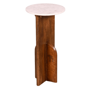 Round side table with a white marble top and a wooden base featuring a curved side panel.